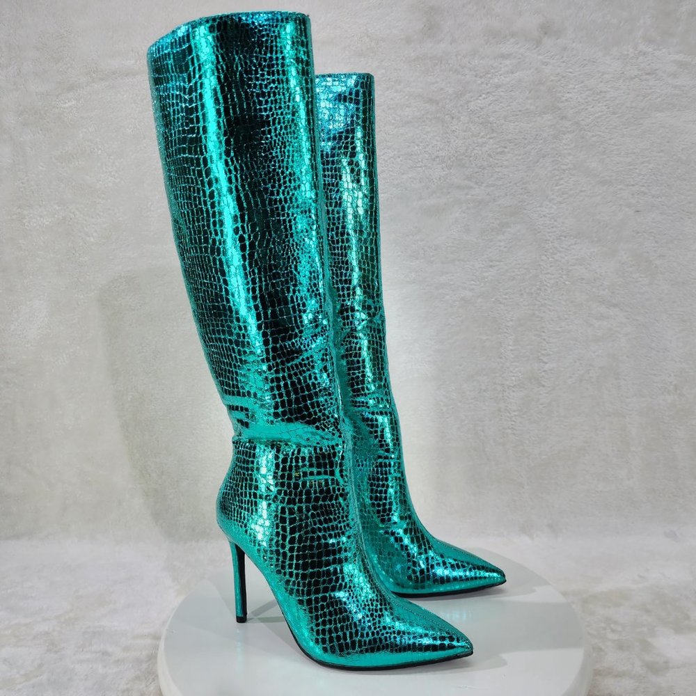 Green Metallic  Festive   Pointy Toe Boots With 4 inch Stiletto Heel - Picture 2 of 10